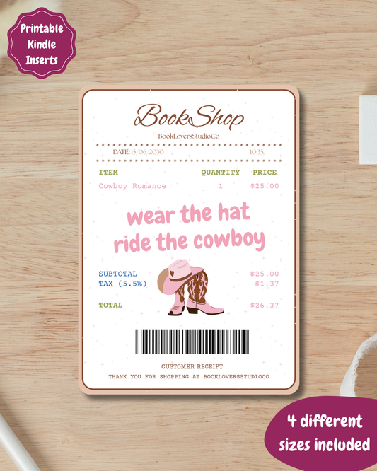 Cowboy Romance Receipt Kindle Insert DIGITAL