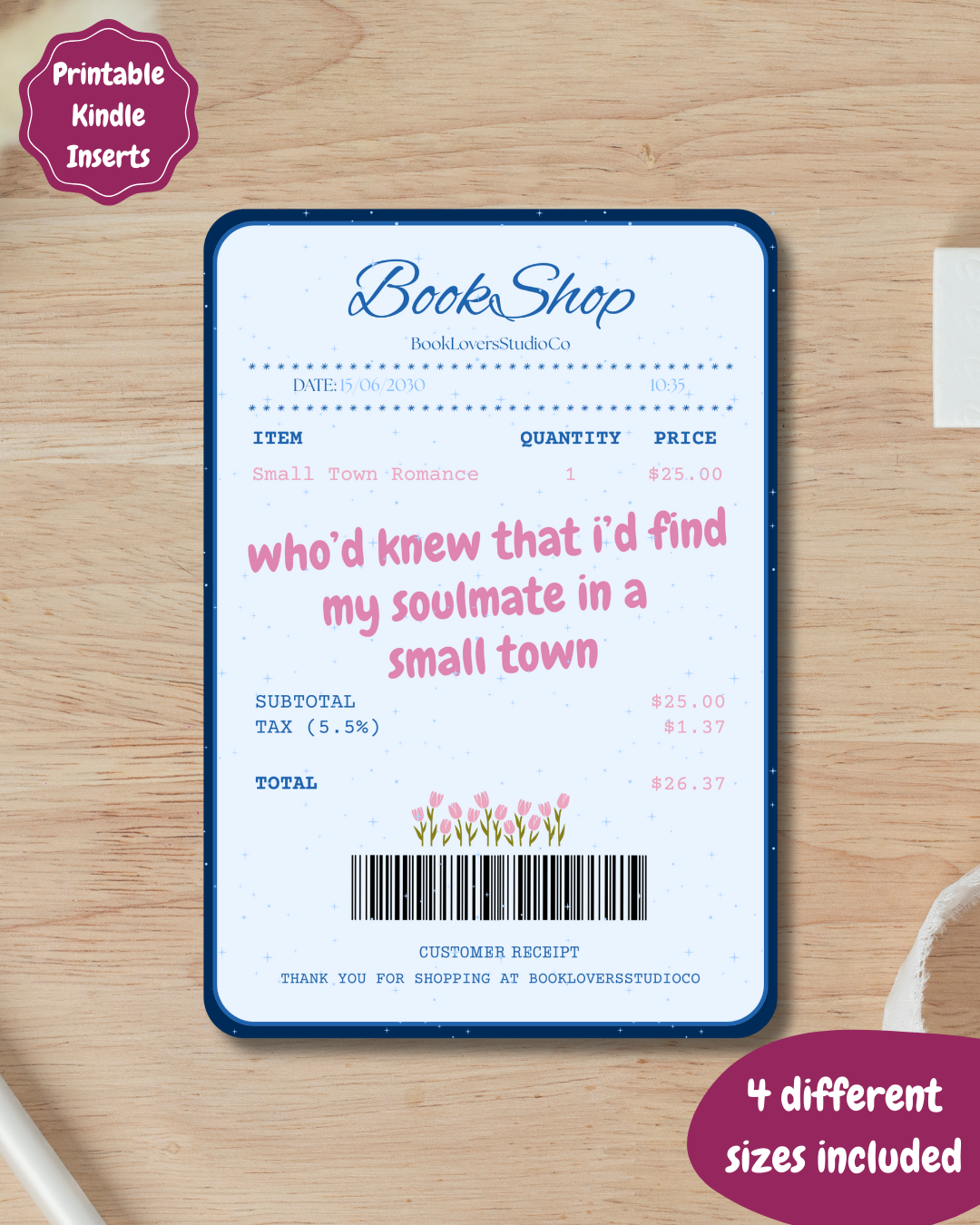 Small Town Romance Receipt Kindle Insert DIGITAL